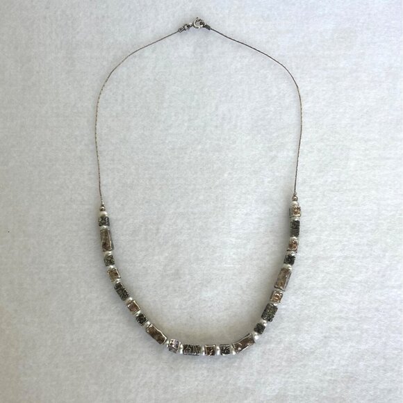 Oxidized Sterling Silver 925 Floral Stamped Rectangular Beaded Pearl Necklace - Picture 5 of 16